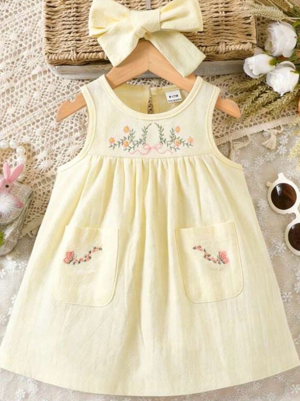 NWT Toddler Yellow Embroidered Bow, flowers & butterfly summer cotton dress